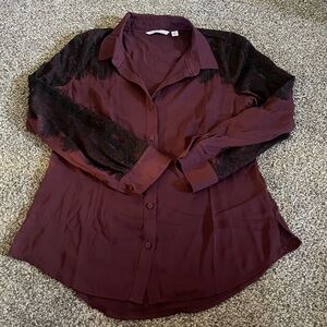 Isaac Mizrahi Live Burgandy Lace Applique Button Front Long Sleeve Blouse Top M